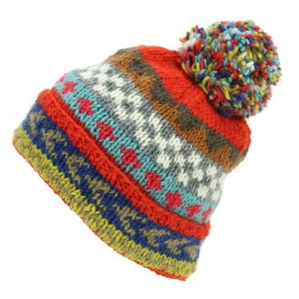 Loud Elephant Hand Knitted Wool Beanie Bobble Hat - Chevron Orange