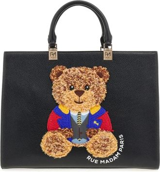 Rue Madam Zwarte Eco Leren Tote Tas met Iconische Beer - Dames - Shoppers - Zwart - ONE Size - Katoen - Tassen