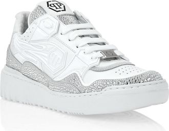 Philipp Plein Mix Leather Lo-Top Sneakers Strass Hexagon Rhinestone Women in White at Nordstrom, Size 39