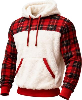 Generic Christmas Jumpers for Men Plush Stitching Mens Hoodies Patchwork Color Velvet Oversized Long Sleeve Pullover Loose Fit Hooded Sports Mens Sweatshirt (