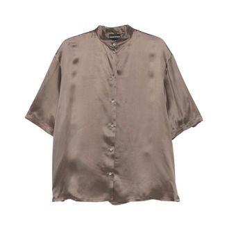 Emporio Armani Shirts, female, Brown, Size: 2XS Satin Finish Band Collar Short-Sleeve Shirt