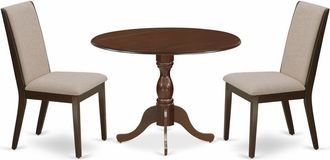 East West Furniture DMLA3-MAH-04 3 Piece Dining Set - Mahogany Breakfast Table and 2 Light Tan Linen Fabric Mid Century Dining Chairs with High Back - Mahogany Finish