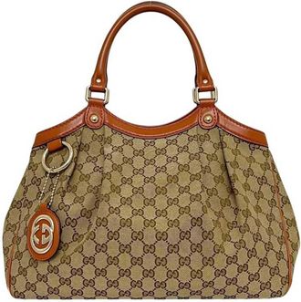 Gucci Gg Canvas Beige Orange Gg Canvas Leather Tote Bag (Pre-Owned)