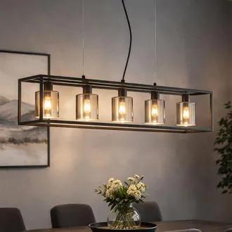 Fischer & Honsel Lampada a sospensione 5 luci a sospensione regolabile in altezza vetro fum&eacute; nero, struttura in metallo, 5x prese E14, LxLxH 95x18x150 cm