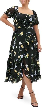 City Chic Shayla Floral Print Ruffle Dress in Midnight Petals at Nordstrom, Size 14W