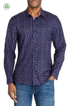 ConStruct Slim Fit Mini Hearts Recycled 4-Way Stretch Performance Long Sleeve Shirt in Navy/red at Nordstrom, Size Large