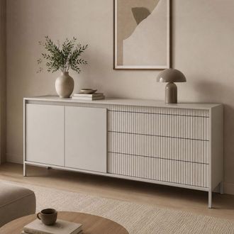 Dmora Credenza Hatone, Aparador 3 Cajones, 2 Estantes, Puerta Abatible, Corredera, 187x40x81h Cm Beige