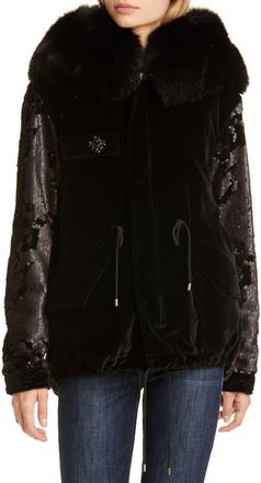 Mr & Mrs Italy Sequin Embellished Velvet Coat with Removable Genuine Fox Fur Trim in Black at Nordstrom, Size Large