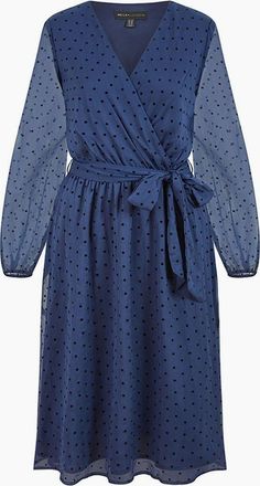 Mela Womens Navy Dobby Spot V-Neck Wrap Midi Dress - Size: 10