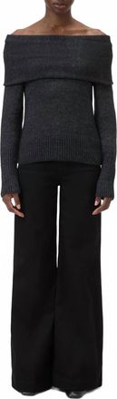 Closed Wide Collar Long Sleeve Knit Sweater Top In Black