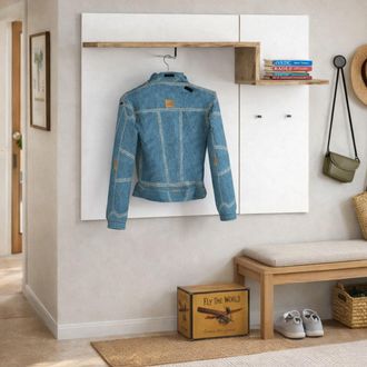 Dmora Perchero Horizontal, Made In Italy, Con Ganchos Y Tubo Para Perchas, Mueble De Entrada, 120x30h100 Cm, Color Blanco Brillante Y Arce, Con Embalaje Ref
