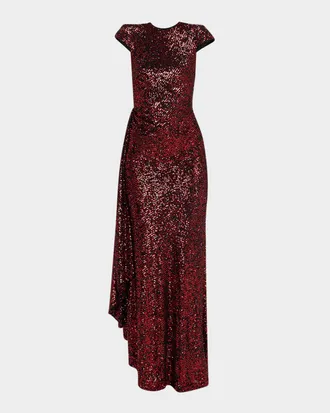Naeem Khan Sequined Draped Cap-Sleeve Gown