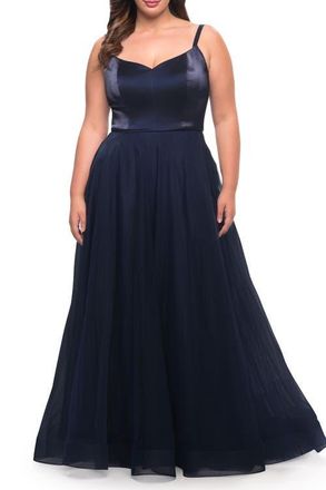 La Femme Long Plus Size Gown with Tulle Skirt and Satin Top in Navy at Nordstrom, Size 16W