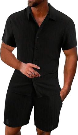 Generic Cocila Big Promotion Lightning Deals Mens Summer Breathable Two Wrinkled Shirt Shorts Set Mens Textured Beach Suit Men Suits Big and Tall Mens Tracksu