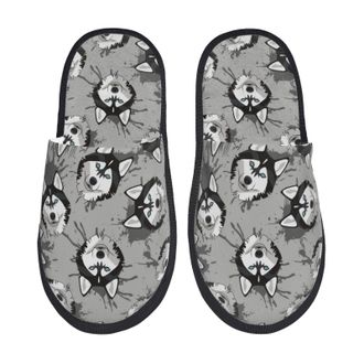 Generic Slippers Cute Husky Dog Grey Print Funny Reusable Plush Slippers Cozy Indoor Shoes For Travel Room Bedroom M