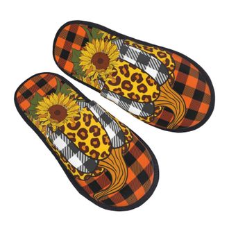 Generic Fuzzy Slippers Bright Sunflowers And Leopard Plaid Pumpkin Fluffy Slippers Comfy Flat House Slipper For Mens Women Party M