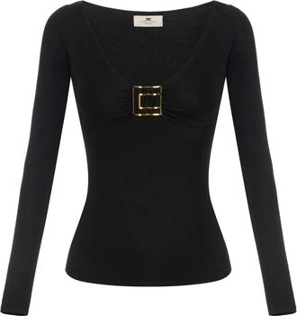 Elisabetta Franchi Top van jerseystof met juweel-logodetail - Dames - Tops - Zwart - Maat: S Jersey