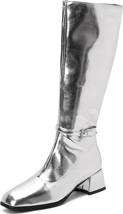 Generic Womens Chunky Heel Knee High Boots PU Leather Long Boots with Side Zipper Square Toe Party Prom Shoes with Buckle,Silver,8.5 UK