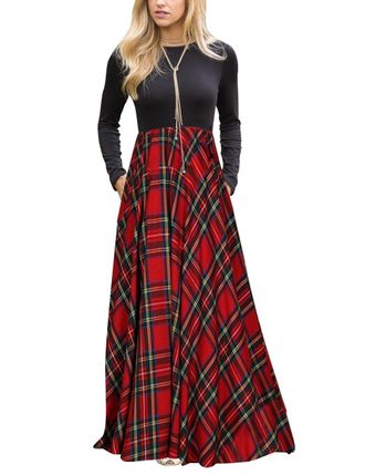 Merokeety Womens Long Sleeve Plaid Empire Waist Full Length Maxi Dress with Pockets, Red, L