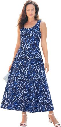 Jessica London Stretch Cotton Tank Maxi Dress in Navy Watercolor Cheetah at Nordstrom, Size 32