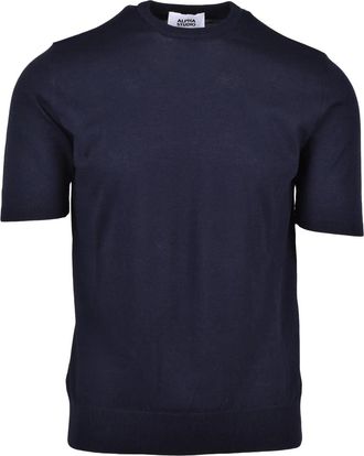 Alpha Studio Navy Blue Cotton Crewneck Top