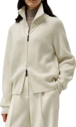 LilySilk Ribbed-knit Turtleneck Zip Cardigan in White at Nordstrom, Size Medium