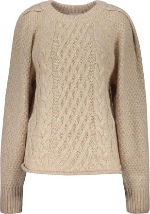 Low Classic Gezellige Kabelgebreide Ronde Hals Sweater - Dames - Ronde hals truien - Beige - M - Wol - Truien & Vesten