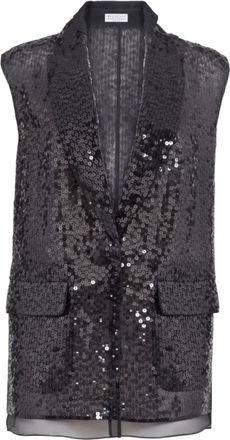 Brunello Cucinelli Pailletten Zijden Gilet - Dames - Bodywarmers - Zwart - S - Pailletten - Jassen