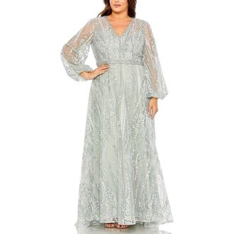 Mac Duggal V Neck Puff Sleeve Embroidered A Line Gown in Seamist at Nordstrom, Size 14W