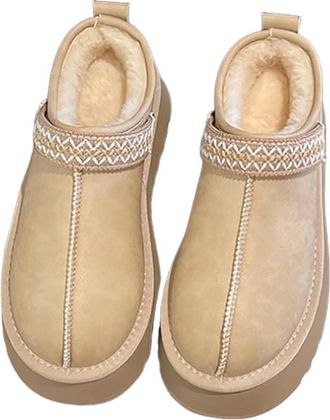 Generic Womens Genuine Suede Platform Slippers Adjustable Heel Strap Mule Clogs, Winter Cozy Fuzzy Plush Lined House Shoes Slip-On Outdoor Indoor Ankle Boots,