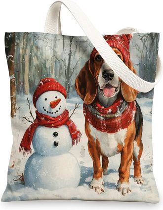Generic Winter Christmas Basset Hound Dog Canvas Tote Bag for Shopping 13x15, Snowman Xmas Puppy Reusable Grocery Print Bag for Women Men, Holiday Aesthetic P