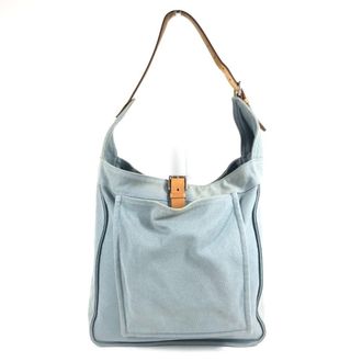 Herm&egrave;s Blue Leather Canvas Shoulder Bag Tote Bag (Pre-Owned)