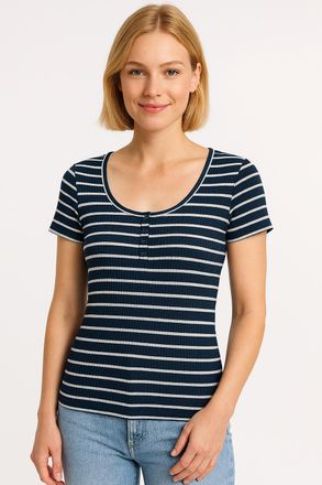 Vero Moda T-Shirt VERO MODA VMSEA SS HENLEY TOP JRS, Damen, Gr. XS, blau (navy blazer stripes:snow wei&szlig;), Jersey, Obermaterial: 93% Baumwolle, 7% Elasthan, gest
