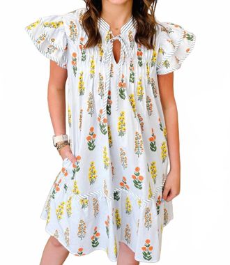 She + Sky Pleated Floral Dress With Bow In Light Blue