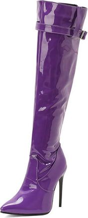 Generic Womens Pointed Toe Stiletto Ultra High Heel Over The Knee Boots with Buckle Strap Zipper Pull On Winter Nightclub Dance Shoes (7.5,Purple)
