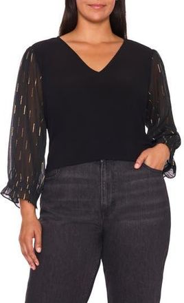 CeCe by Cynthia Steffe Foil Clip Sleeve V-Neck Mixed Media Top in Rich Black at Nordstrom Rack, Size 3X