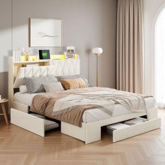 OEM Estructura De Cama 140x200 Cm - 240401hxf - Led - Usb - Almacenamiento - Para Adultos - Terciopelo - Cama Doble 140x200 Cm - Beige