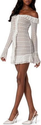 Edikted Lace Ruffle Off the Shoulder Long Sleeve Minidress in Cream at Nordstrom, Size Medium