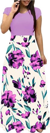 Generic Summer Dresses for Women Maxi Boho Dresses Vintage Floral Print Cocktail Dress Short Sleeve Casual Sunflower Print Bohemian Long O Neck High Waist A-L