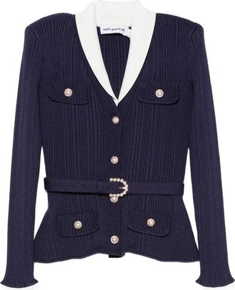 Self Portrait Belted Ribbed-knit Cardigan
