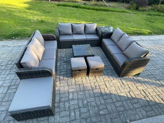 Fimous 12 Seater Rattan Outdoor Furniture Set Patio Garden Sofa Set with Square Coffee Table 3 Seater Sofa Side Table in Dark Grey