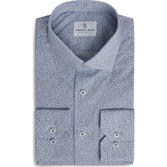 Emanuel Berg Modern Fit Floral Stretch Cotton Poplin Dress Shirt in Medium Blue at Nordstrom, Size 40