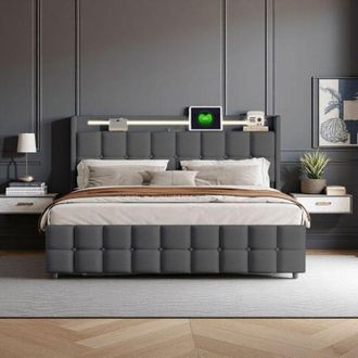 OEM Cama Doble 160x200 Cm - Led Integrada - 4 Cajones - Dise&ntilde;o Moderno - Tejido De Lino Gris