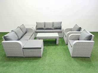 Fimous PE Rattan High Back Lounge Sofa Set Patio Oblong Coffee Table & Chairs Set w/ 3 Seater Sofa Reclining Chair Big Footstool Side Table Light Grey