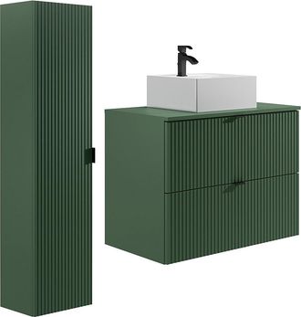 Vente-Unique Mueble de ba&ntilde;o suspendido estriado con lavabo cuadrado sobre encimera y columna - Verde mate - 80 cm - ZEVINI