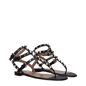 Valentino Garavani Womens Black Leather Flip-Flop Sandals
