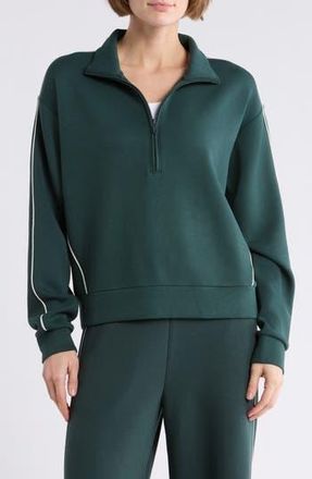 Zella Whisper Piped Knit Quarter Zip Sweatshirt in Green Timber at Nordstrom Rack, Size Large