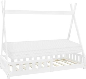 ML Design Ml-design - Cama Infantil Tipi Blanca con Colchón De Espuma Fría 80x160 cm Protección Anticaída Somier Estructura Listones De Madera Maciza De Pino