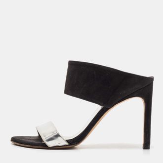 Stuart Weitzman Black/Silver Suede and Leather Slide Sandals Size 37.5