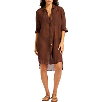 Seafolly Crinkle Twill Cover-Up Beach Shirt in Dark Chocolate at Nordstrom, Size Medium